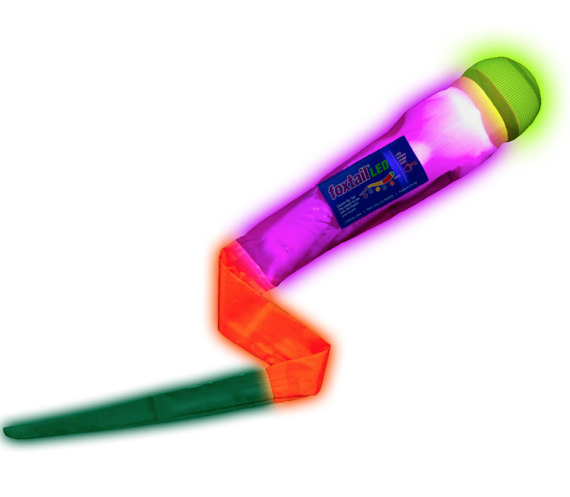 The Foxtail LED features a glowing cylindrical LED body and a long, multicolored tail in red, orange, and green—perfect for outdoor nighttime games after sunset.